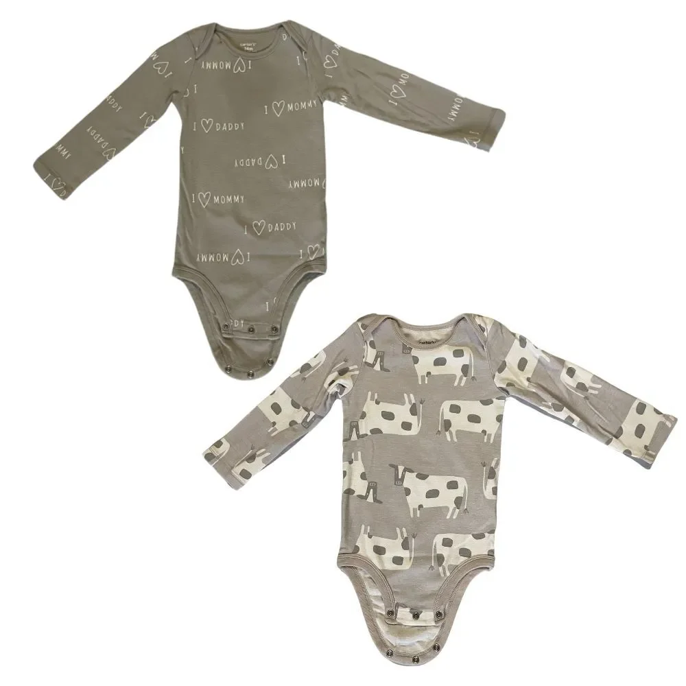 Carters 24M Bodysuits 2-Pack 100% Cotton Long Sleeve Girls Boys Snap Close Gray